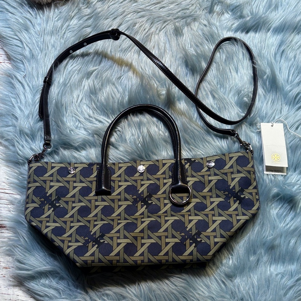 Tory Burch Canvas Basketweave Small Tote in Navy Basketweave